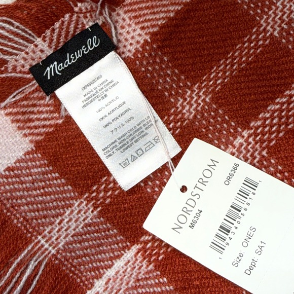 Madewell Nordstrom Plaid Fringe Scarf Rust White Terra Cotta Blanket OS New - Picture 7 of 8